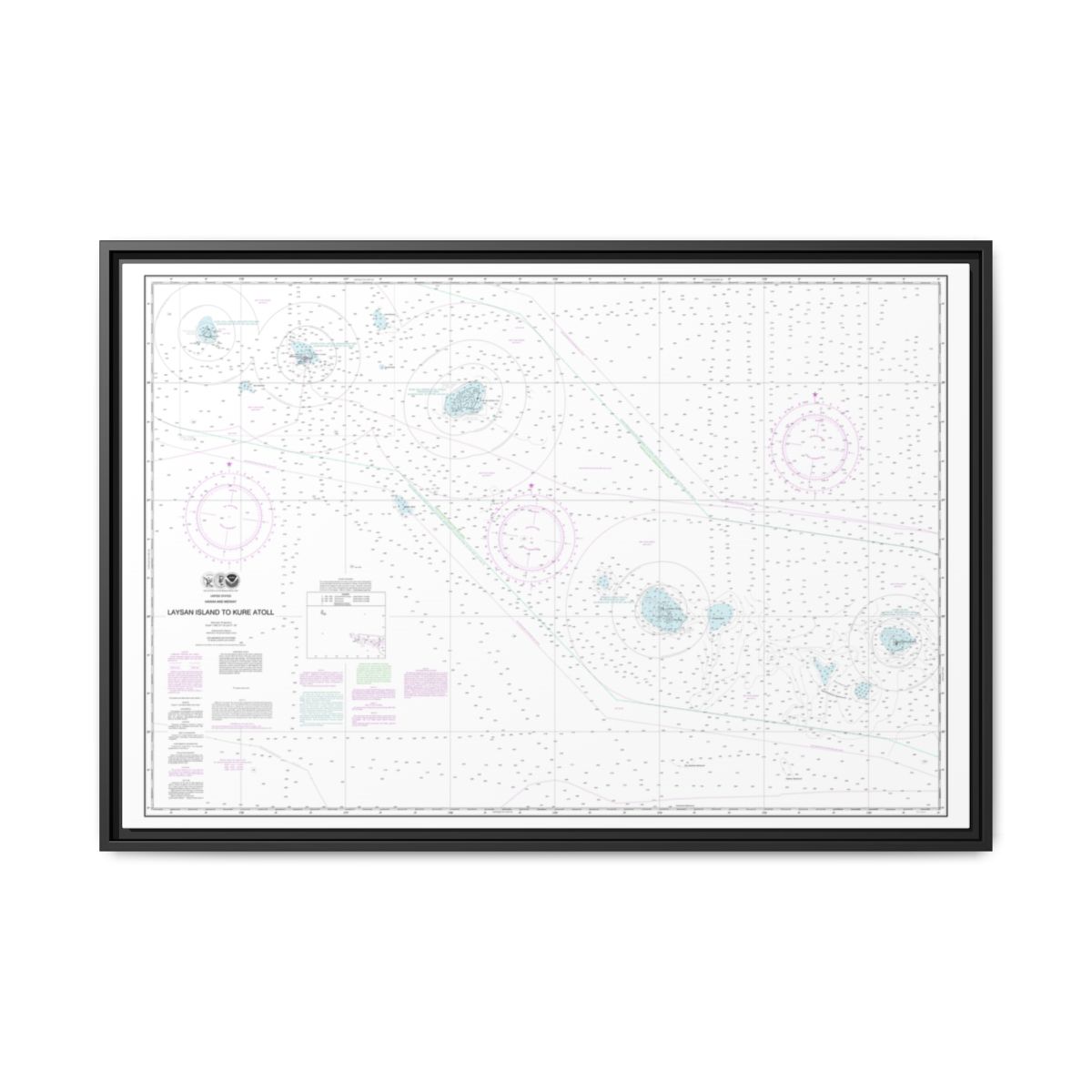Chart 19022 Laysan Island to Kure Atoll - NOAA Nautical Chart Floating Frame Canvas | 30" x 20" | 36" x 24" | 48" x 32" - Black front