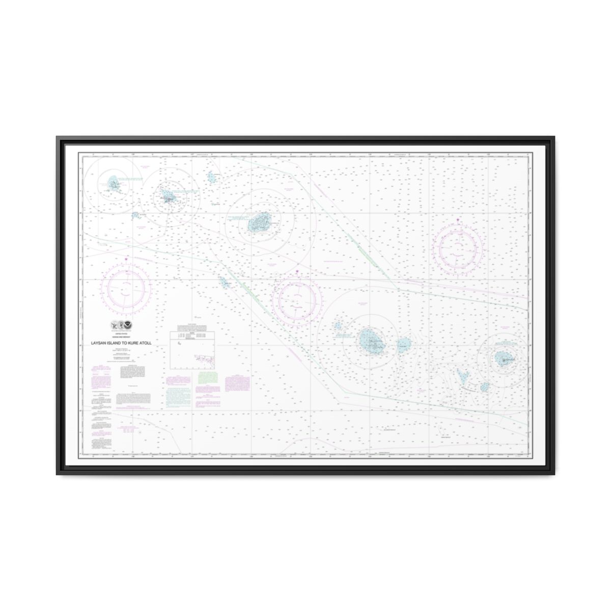 Chart 19022 Laysan Island to Kure Atoll - NOAA Nautical Chart Floating Frame Canvas | 30" x 20" | 36" x 24" | 48" x 32" - Black front