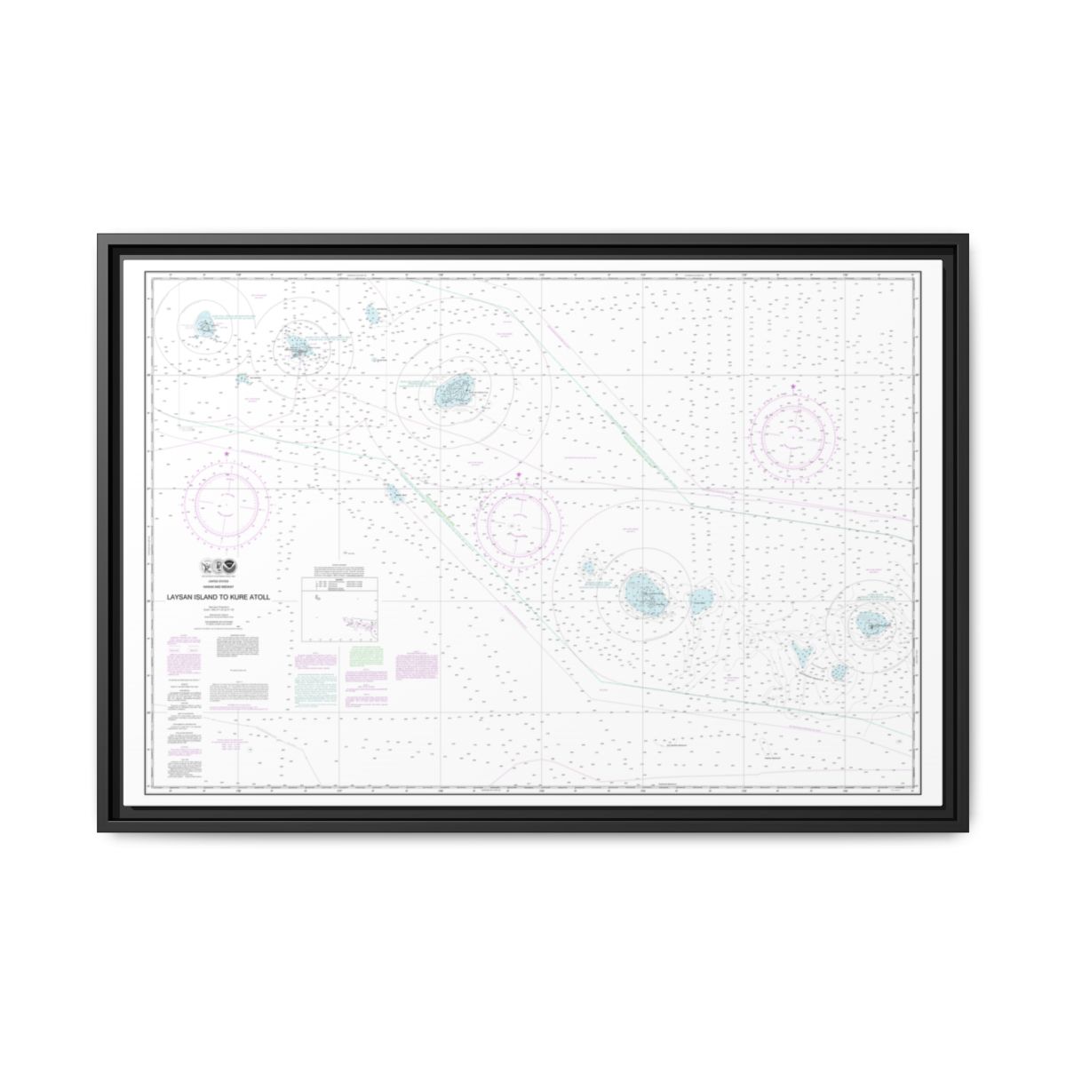 Chart 19022 Laysan Island to Kure Atoll - NOAA Nautical Chart Floating Frame Canvas | 30" x 20" | 36" x 24" | 48" x 32" - Black front