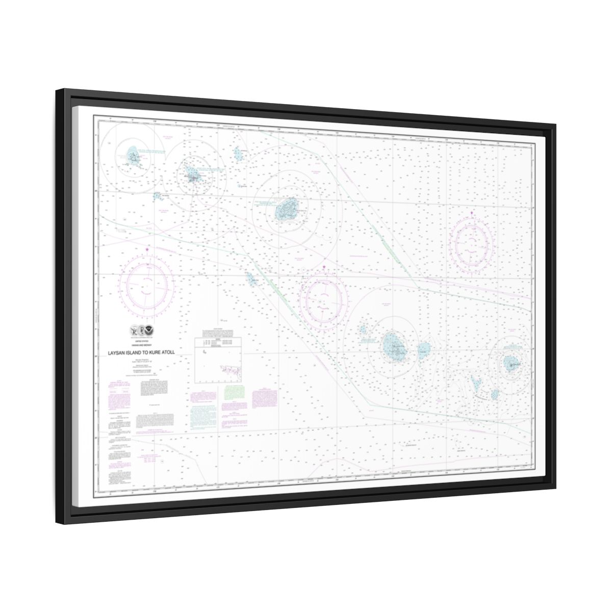 Chart 19022 Laysan Island to Kure Atoll - NOAA Nautical Chart Floating Frame Canvas | 30" x 20" | 36" x 24" | 48" x 32" - Black side