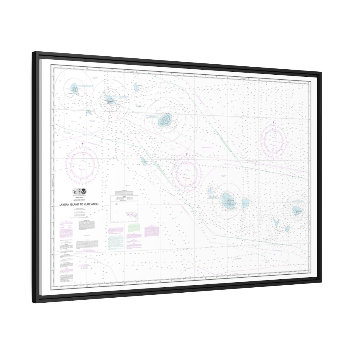 Chart 19022 Laysan Island to Kure Atoll - NOAA Nautical Chart Floating Frame Canvas | 30" x 20" | 36" x 24" | 48" x 32" - Black side