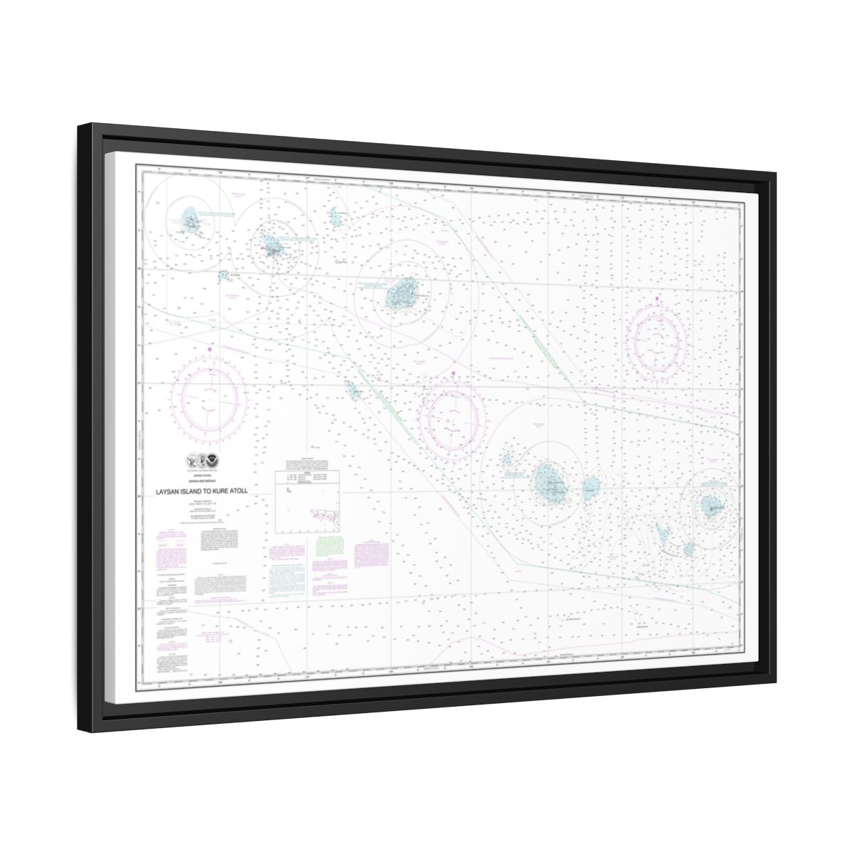 Chart 19022 Laysan Island to Kure Atoll - NOAA Nautical Chart Floating Frame Canvas | 30" x 20" | 36" x 24" | 48" x 32" - Black side