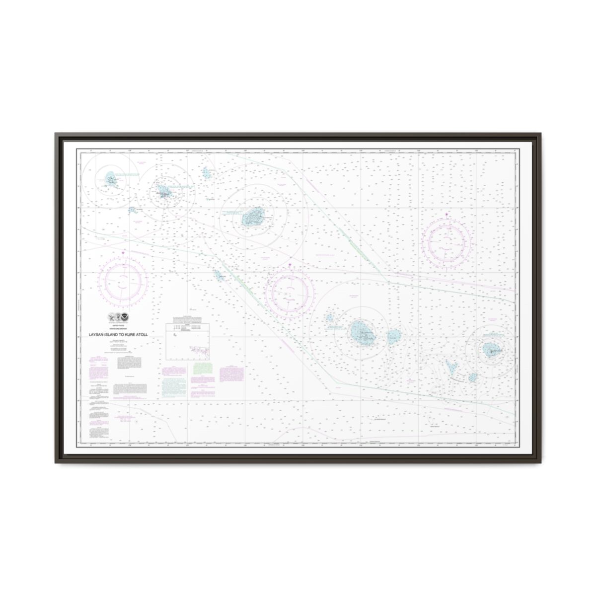 Chart 19022 Laysan Island to Kure Atoll - NOAA Nautical Chart Floating Frame Canvas | 30" x 20" | 36" x 24" | 48" x 32" - Espresso front