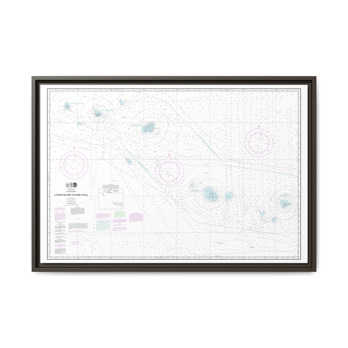 Chart 19022 Laysan Island to Kure Atoll - NOAA Nautical Chart Floating Frame Canvas | 30" x 20" | 36" x 24" | 48" x 32" - Espresso front