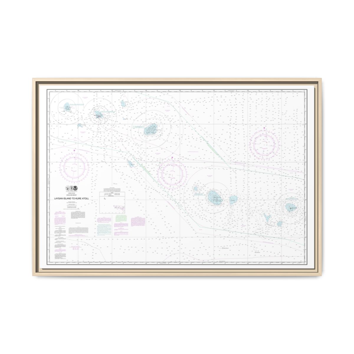 Chart 19022 Laysan Island to Kure Atoll - NOAA Nautical Chart Floating Frame Canvas | 30" x 20" | 36" x 24" | 48" x 32" - Natural front