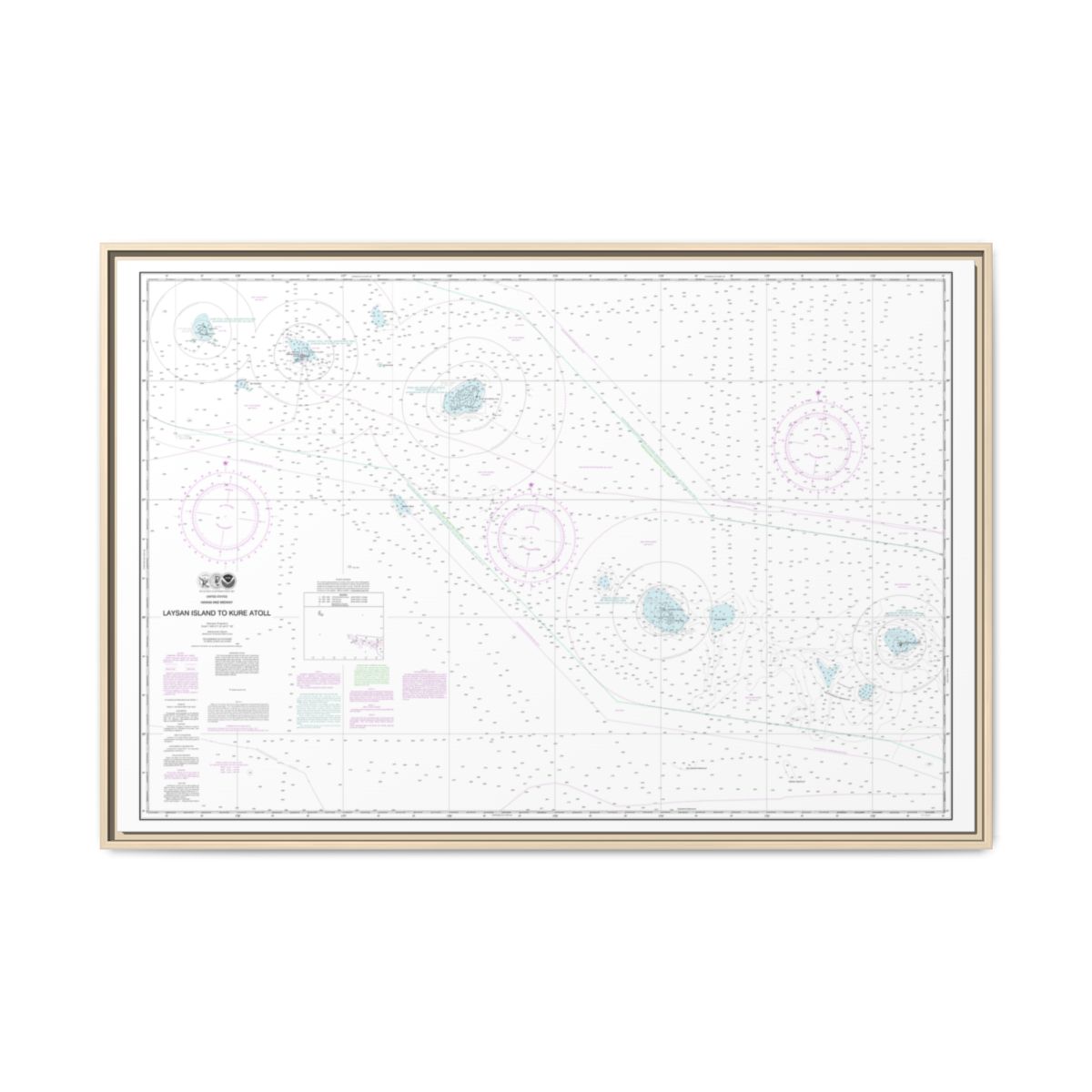 Chart 19022 Laysan Island to Kure Atoll - NOAA Nautical Chart Floating Frame Canvas | 30" x 20" | 36" x 24" | 48" x 32" - Natural front