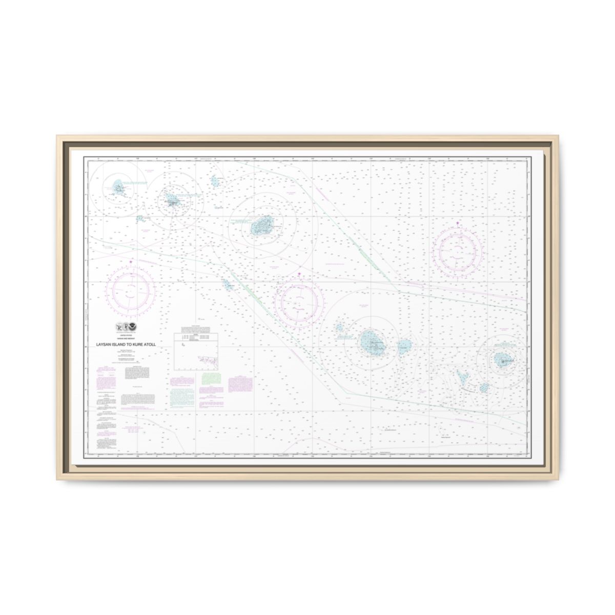 Chart 19022 Laysan Island to Kure Atoll - NOAA Nautical Chart Floating Frame Canvas | 30" x 20" | 36" x 24" | 48" x 32" - Natural front