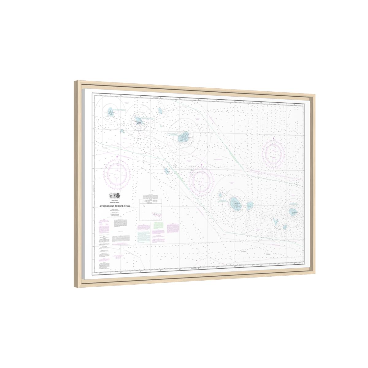 Chart 19022 Laysan Island to Kure Atoll - NOAA Nautical Chart Floating Frame Canvas | 30" x 20" | 36" x 24" | 48" x 32" - Natural side