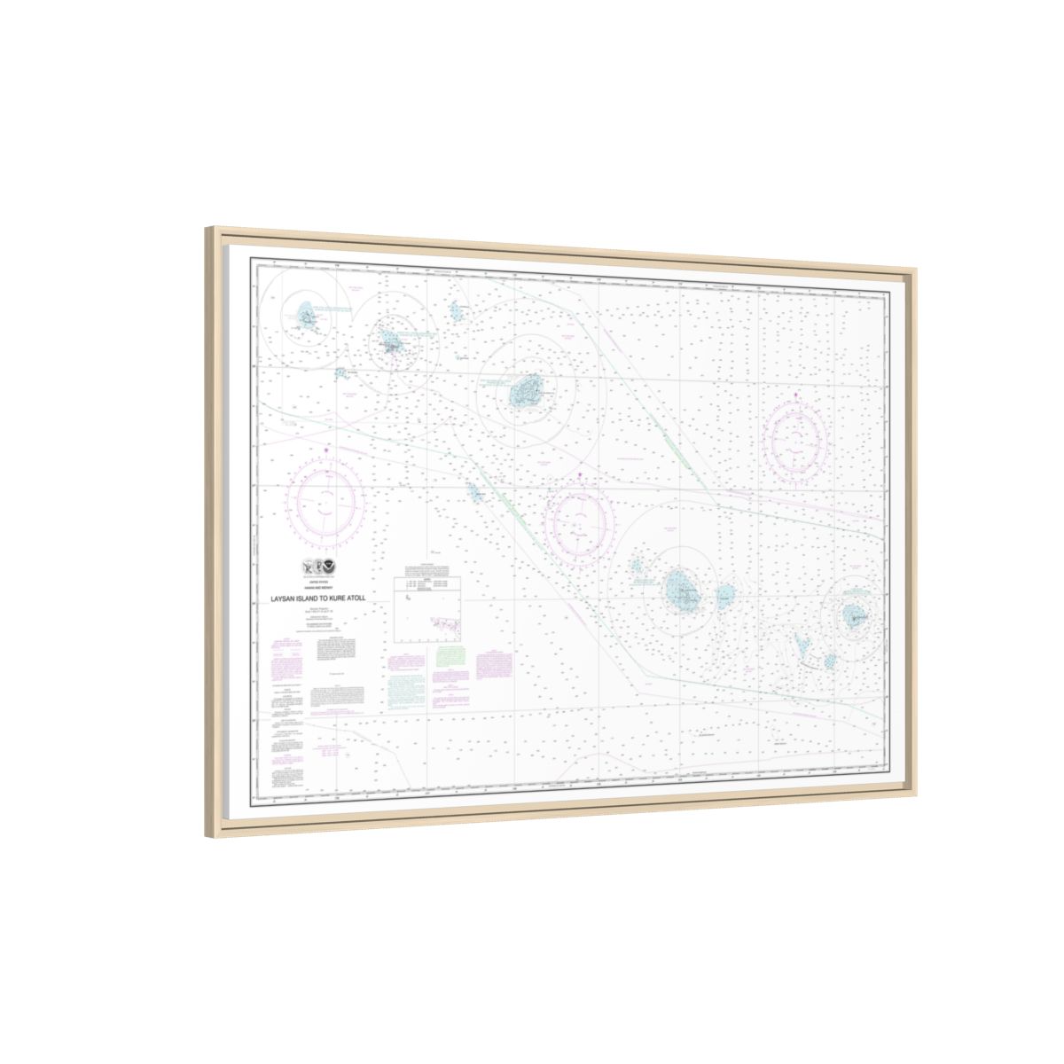 Chart 19022 Laysan Island to Kure Atoll - NOAA Nautical Chart Floating Frame Canvas | 30" x 20" | 36" x 24" | 48" x 32" - Natural side