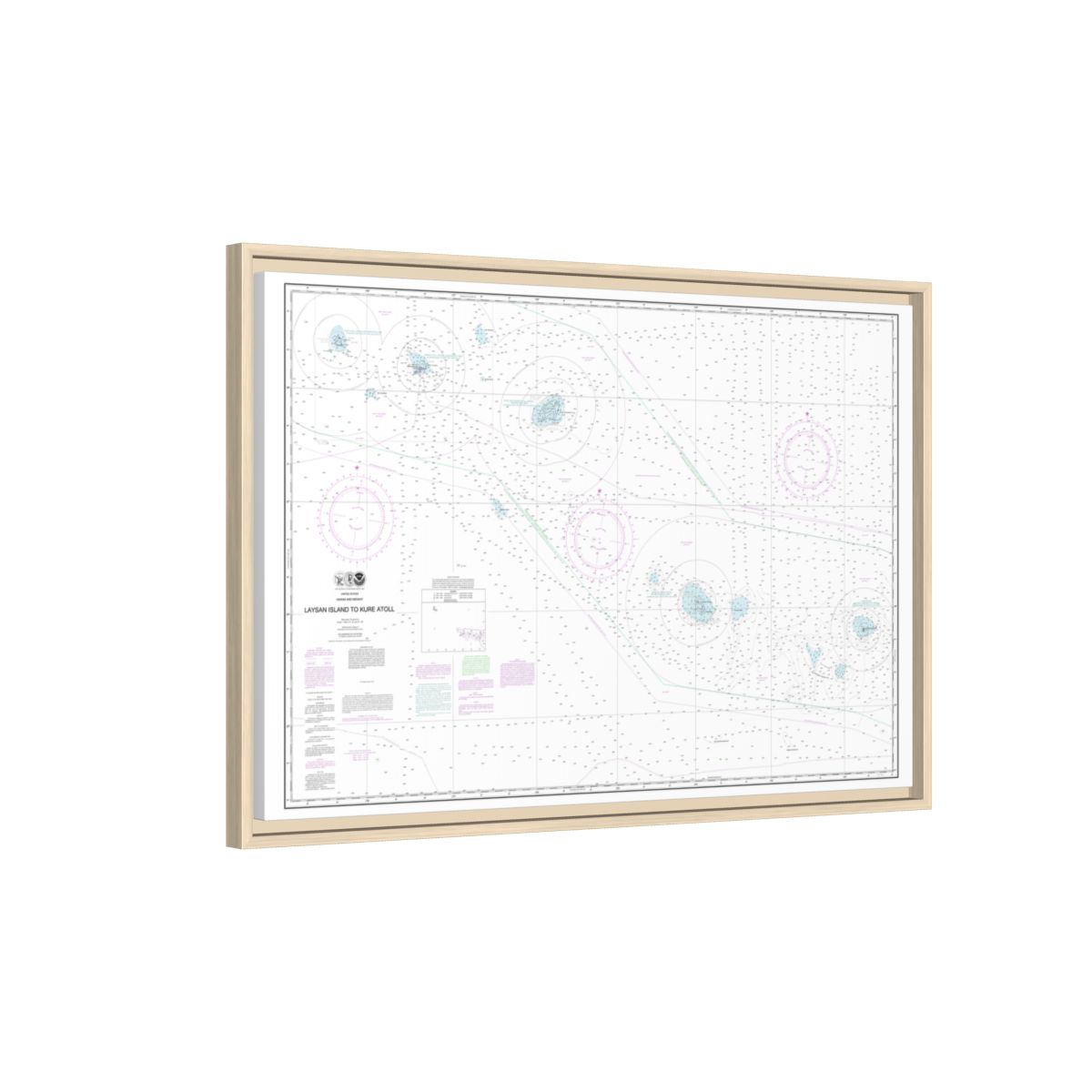 Chart 19022 Laysan Island to Kure Atoll - NOAA Nautical Chart Floating Frame Canvas | 30" x 20" | 36" x 24" | 48" x 32" - Natural side