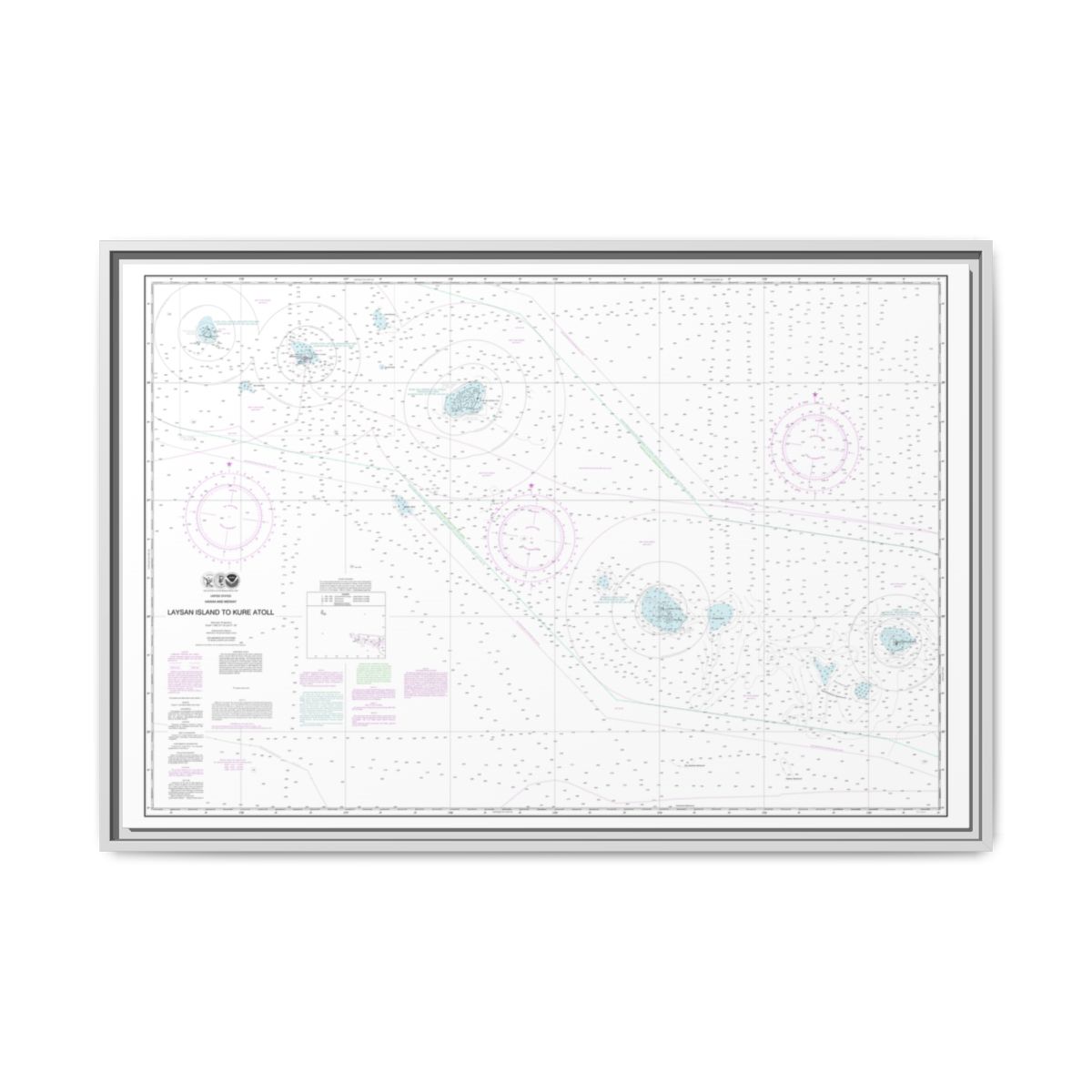 Chart 19022 Laysan Island to Kure Atoll - NOAA Nautical Chart Floating Frame Canvas | 30" x 20" | 36" x 24" | 48" x 32" - White front