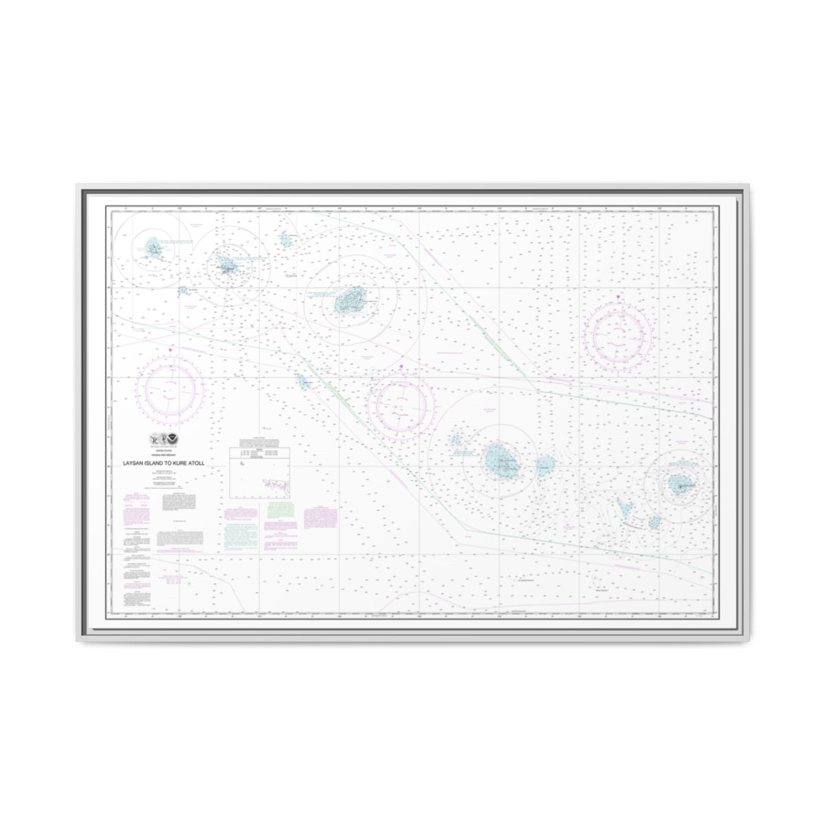Chart 19022 Laysan Island to Kure Atoll - NOAA Nautical Chart Floating Frame Canvas | 30" x 20" | 36" x 24" | 48" x 32" - White front
