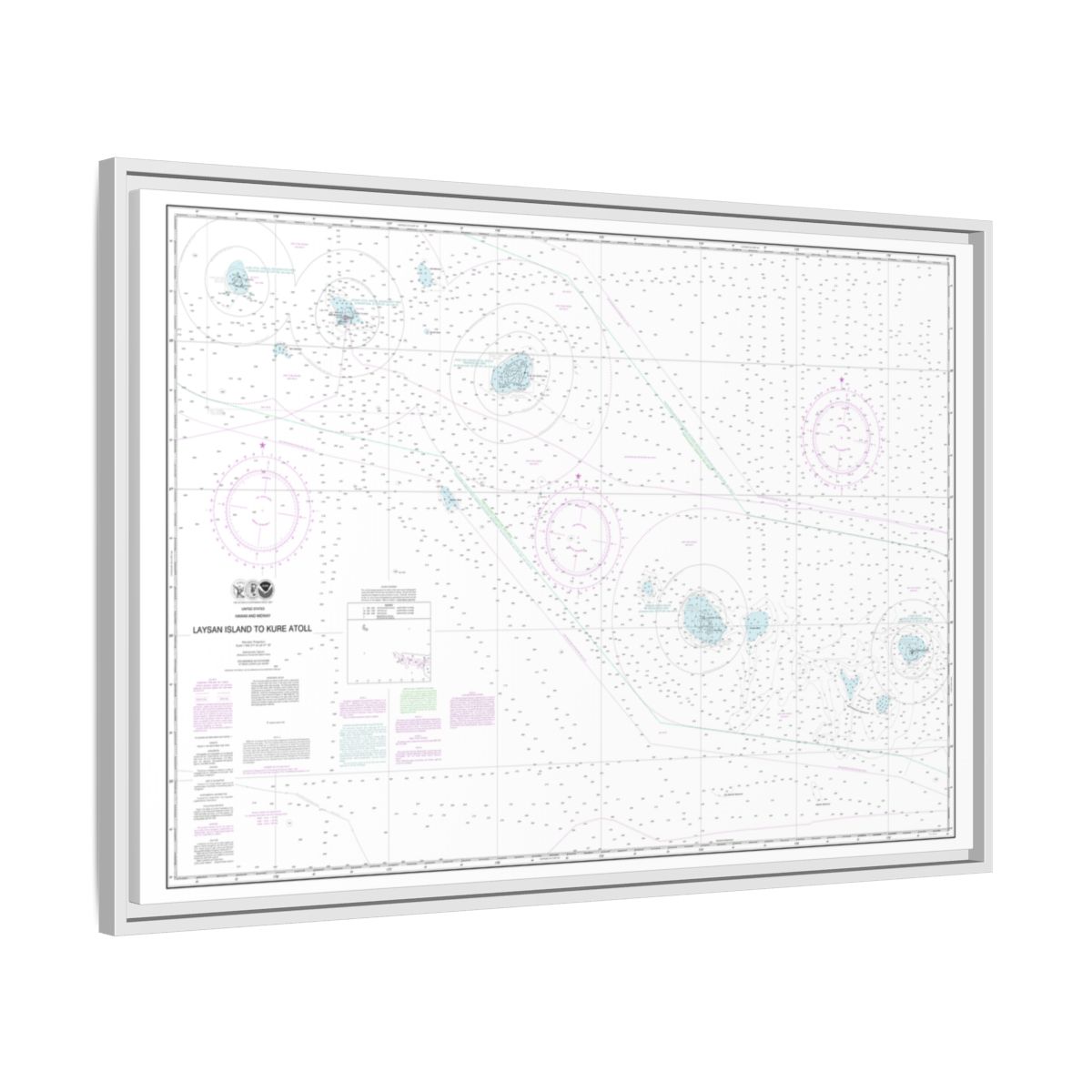 Chart 19022 Laysan Island to Kure Atoll - NOAA Nautical Chart Floating Frame Canvas | 30" x 20" | 36" x 24" | 48" x 32" - White side