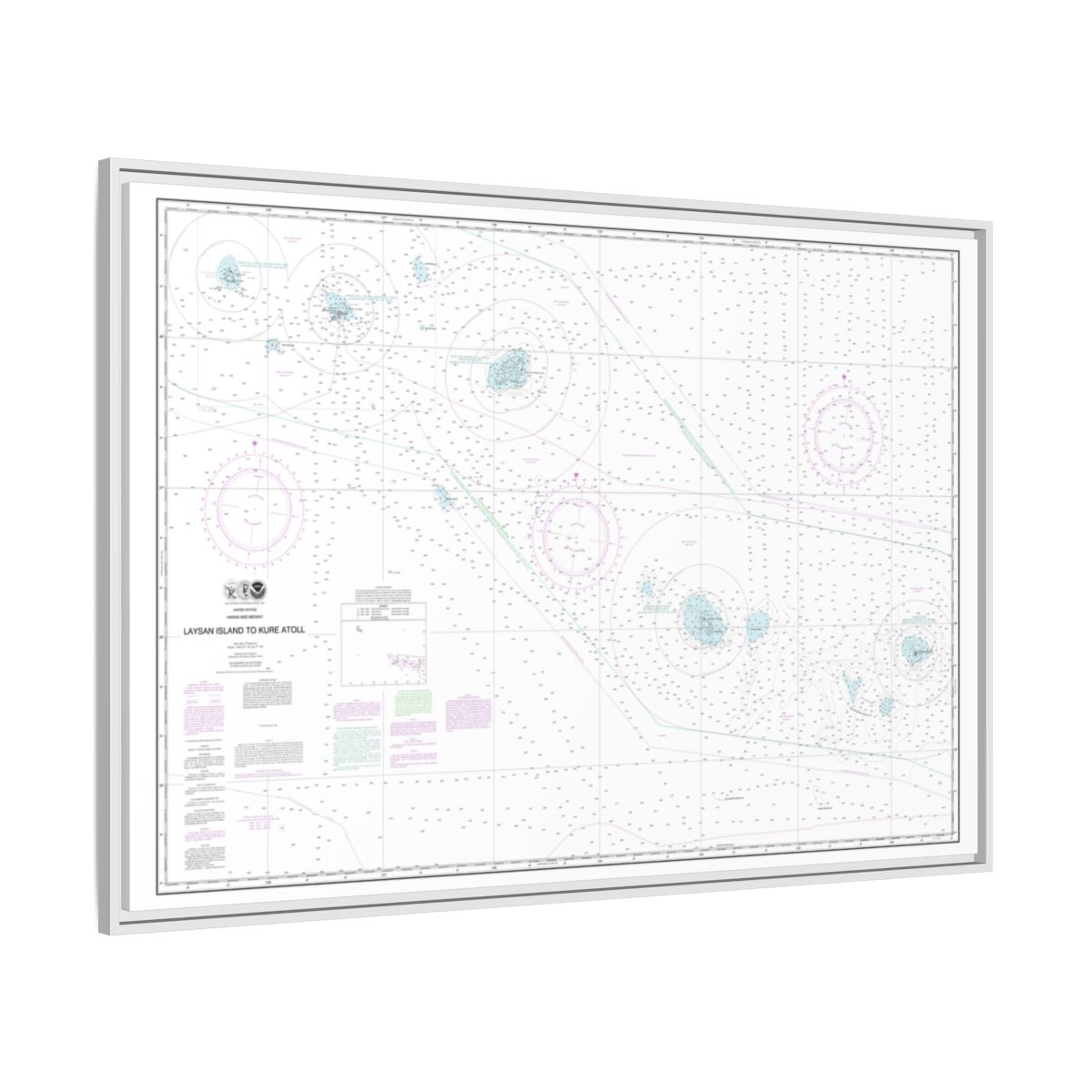 Chart 19022 Laysan Island to Kure Atoll - NOAA Nautical Chart Floating Frame Canvas | 30" x 20" | 36" x 24" | 48" x 32" - White side