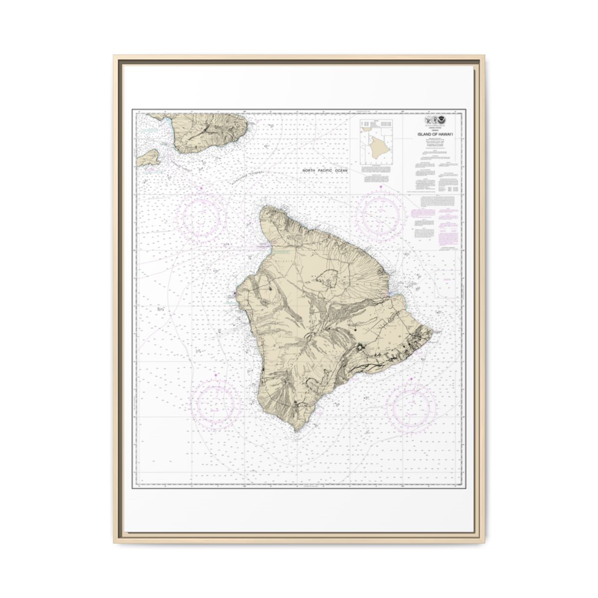 Chart 19320 Island Of Hawaii - NOAA Nautical Chart Floating Frame Canvas | 24" x 32" | 30" x 40" - Natural front