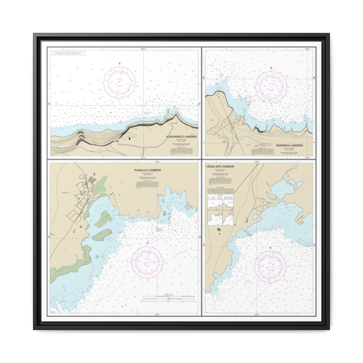 Chart 19322 Harbors and Landings on the Northeast and Southeast Coasts of Hawaii;Punaluu Harbor;Honuapo Bay;Honokaa Landing;Kukuihaele Landing - NOAA Nautical Chart Floating Frame Canvas | 32" x 32" - Black front