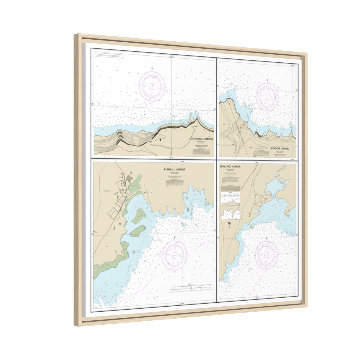 Chart 19322 Harbors and Landings on the Northeast and Southeast Coasts of Hawaii;Punaluu Harbor;Honuapo Bay;Honokaa Landing;Kukuihaele Landing - NOAA Nautical Chart Floating Frame Canvas | 32" x 32" - Natural side
