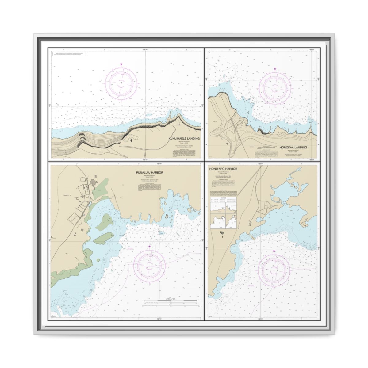 Chart 19322 Harbors and Landings on the Northeast and Southeast Coasts of Hawaii;Punaluu Harbor;Honuapo Bay;Honokaa Landing;Kukuihaele Landing - NOAA Nautical Chart Floating Frame Canvas | 32" x 32" - White front