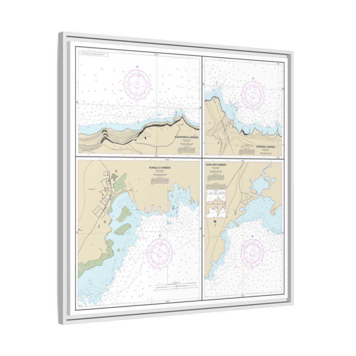 Chart 19322 Harbors and Landings on the Northeast and Southeast Coasts of Hawaii;Punaluu Harbor;Honuapo Bay;Honokaa Landing;Kukuihaele Landing - NOAA Nautical Chart Floating Frame Canvas | 32" x 32" - White side