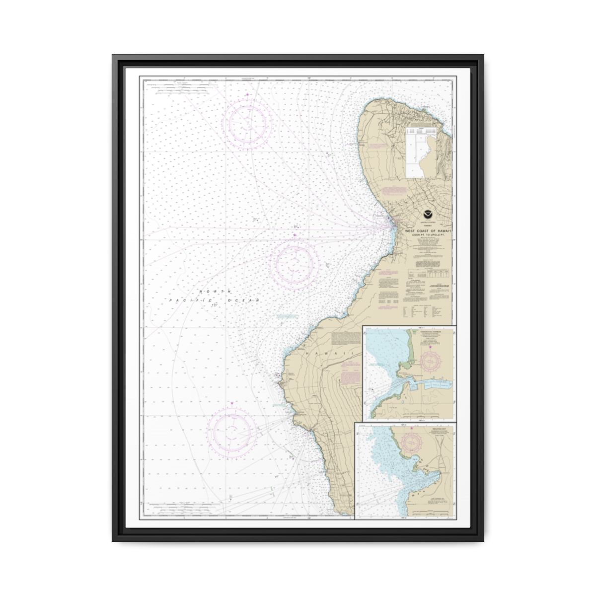 Chart 19327 West Coast of Hawaii Cook Point to Upolu Point;Keauhou Bay;Honokohau Harbor - NOAA Nautical Chart Floating Frame Canvas | 24" x 32" | 30" x 40" - Black front