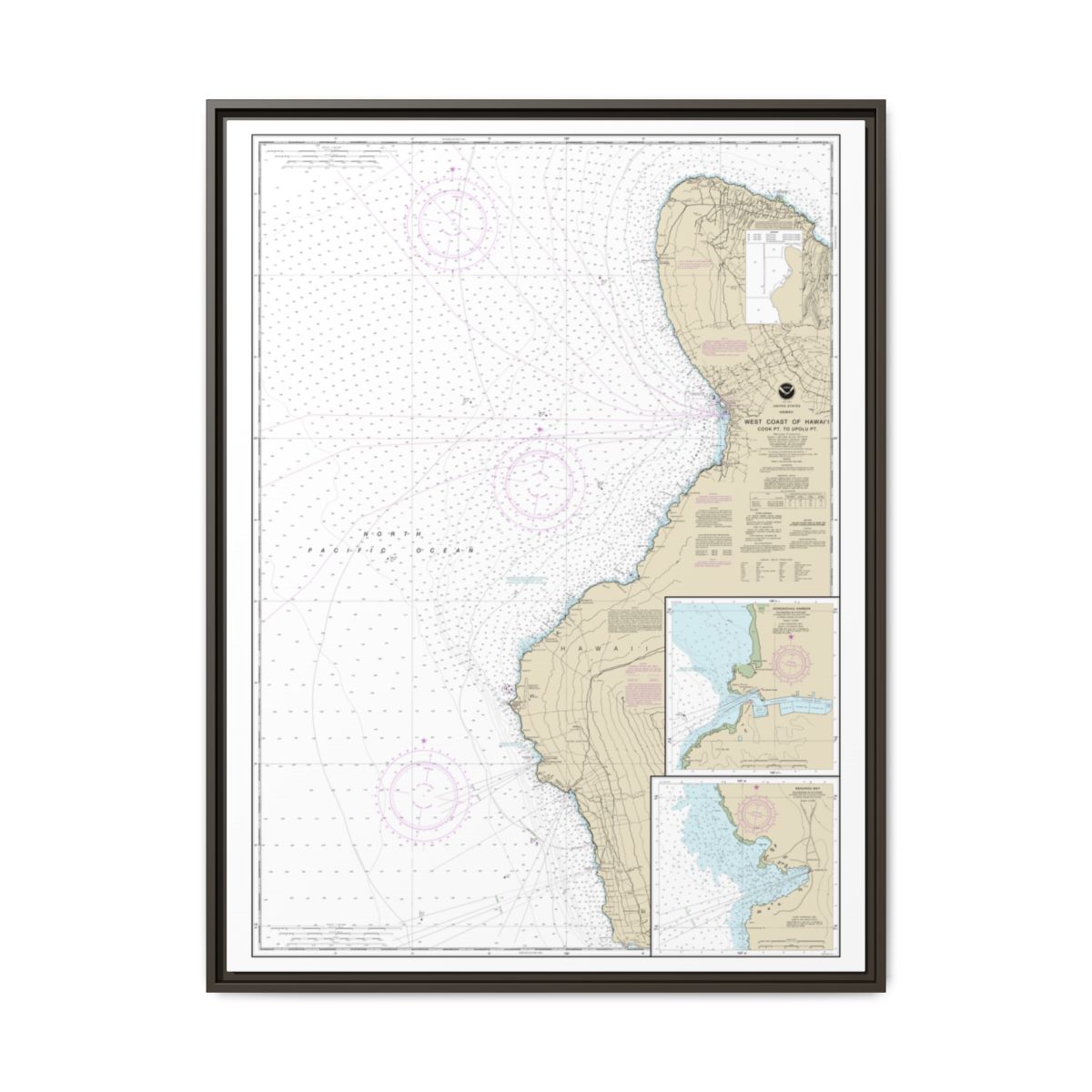 Chart 19327 West Coast of Hawaii Cook Point to Upolu Point;Keauhou Bay;Honokohau Harbor - NOAA Nautical Chart Floating Frame Canvas | 24" x 32" | 30" x 40" - Espresso front