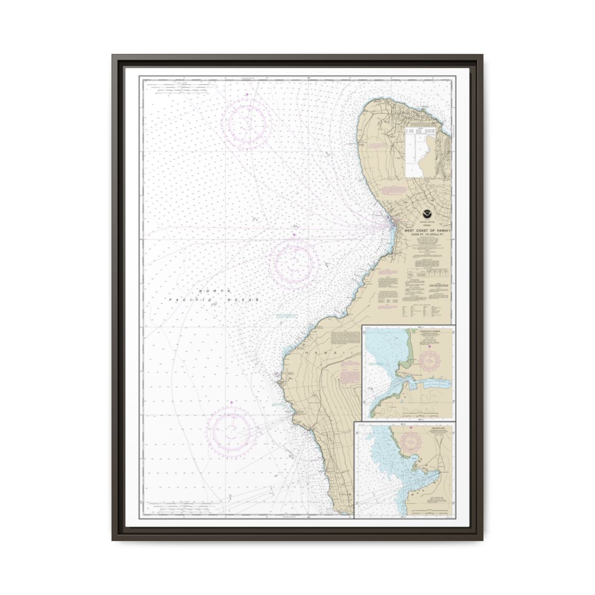 Chart 19327 West Coast of Hawaii Cook Point to Upolu Point;Keauhou Bay;Honokohau Harbor - NOAA Nautical Chart Floating Frame Canvas | 24" x 32" | 30" x 40" - Espresso front