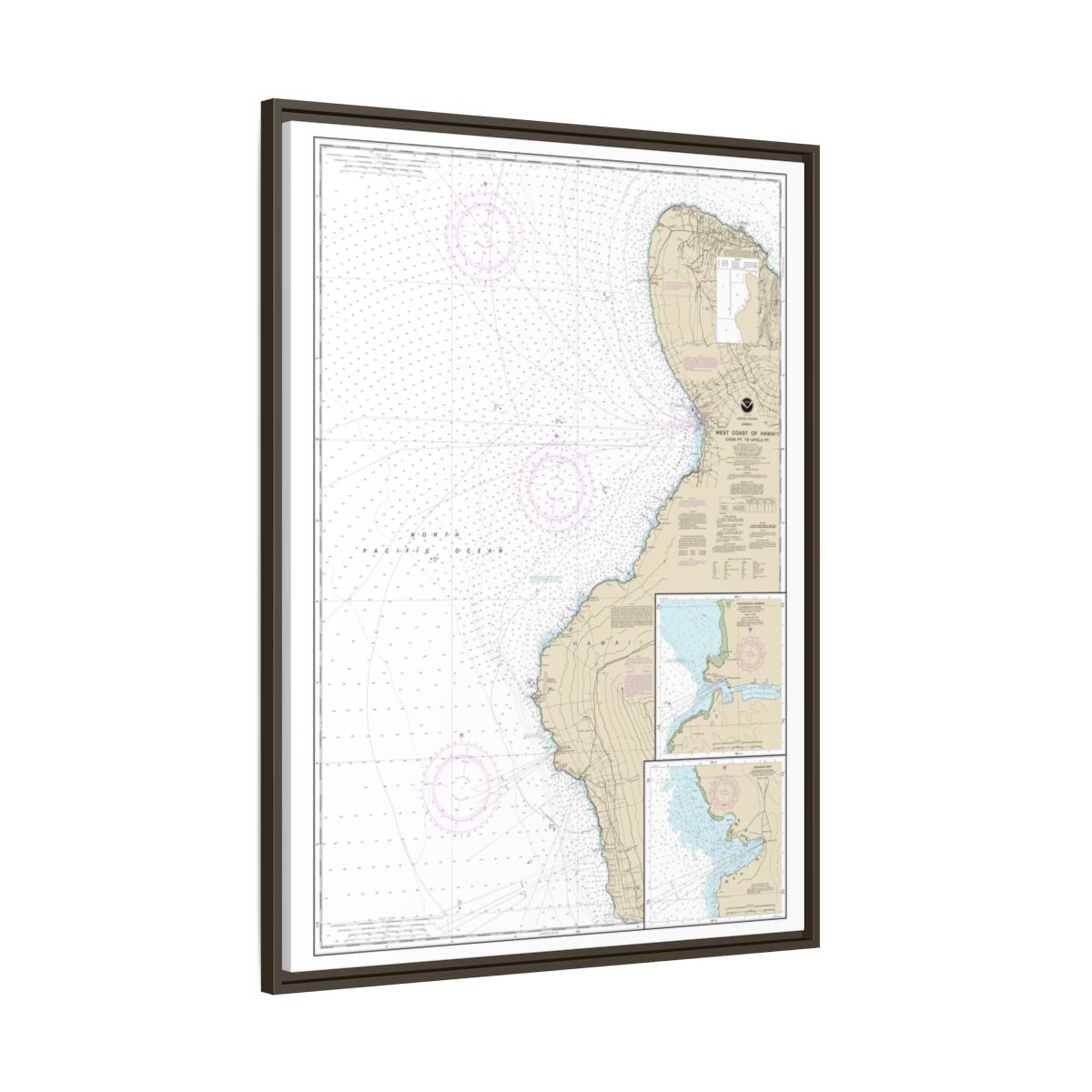 Chart 19327 West Coast of Hawaii Cook Point to Upolu Point;Keauhou Bay;Honokohau Harbor - NOAA Nautical Chart Floating Frame Canvas | 24" x 32" | 30" x 40" - Espresso side