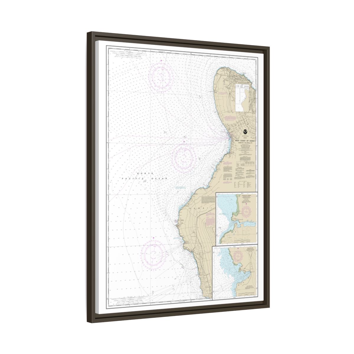 Chart 19327 West Coast of Hawaii Cook Point to Upolu Point;Keauhou Bay;Honokohau Harbor - NOAA Nautical Chart Floating Frame Canvas | 24" x 32" | 30" x 40" - Espresso side