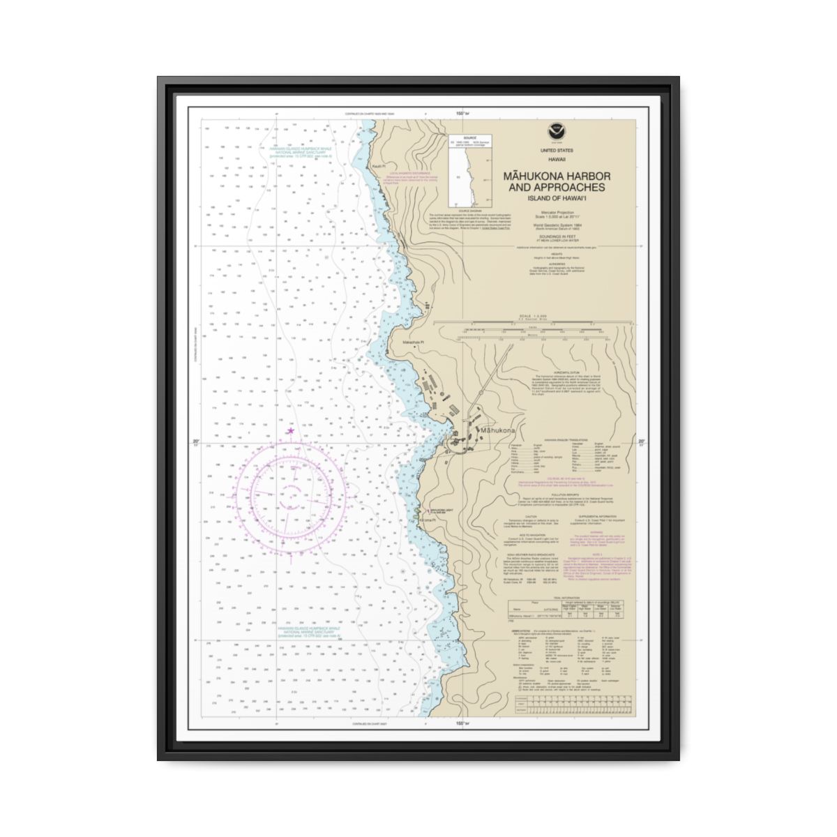 Chart 19329 Mahukona Harbor and approaches Island Of Hawaii - NOAA Nautical Chart Floating Frame Canvas | 24" x 32" | 30" x 40" - Black front