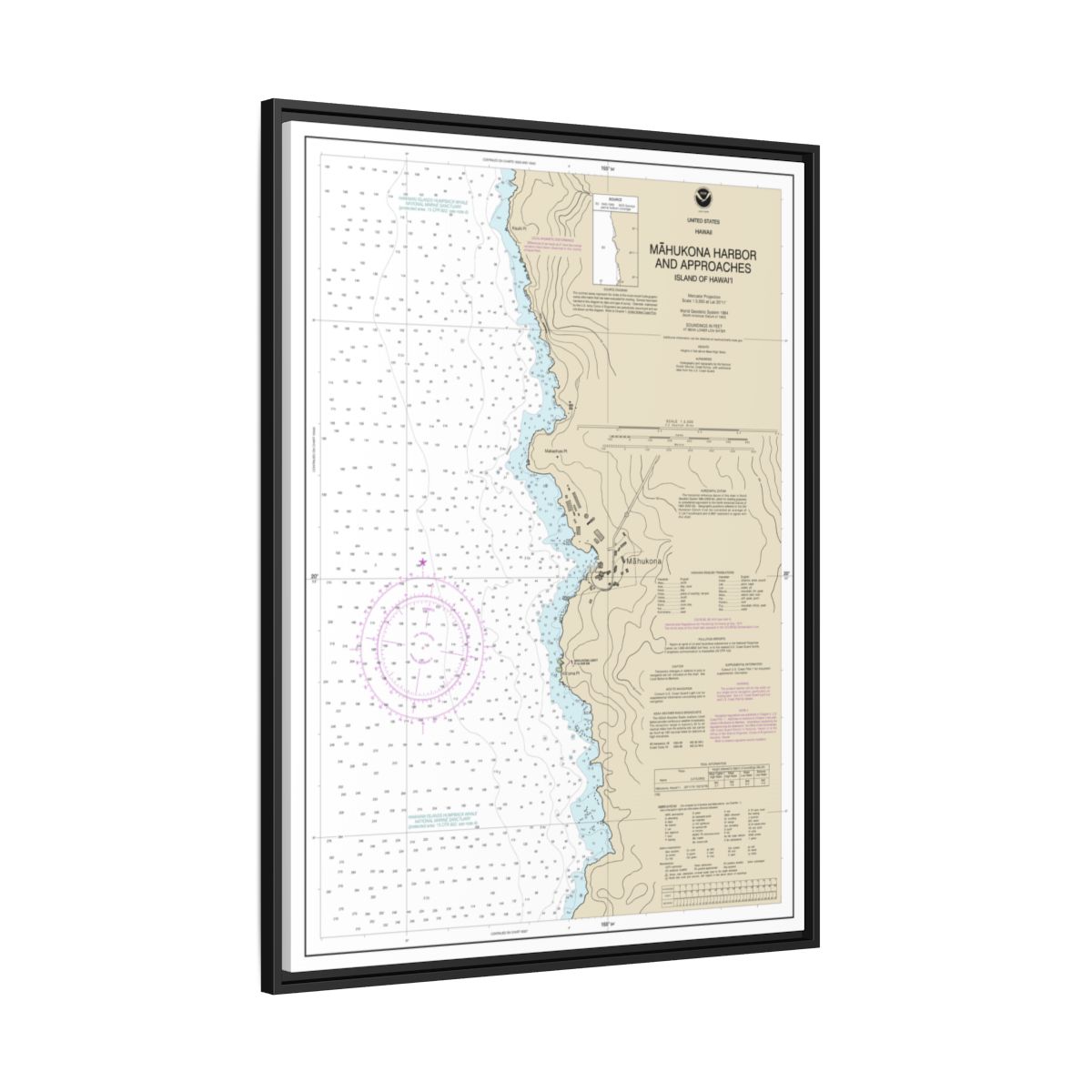 Chart 19329 Mahukona Harbor and approaches Island Of Hawaii - NOAA Nautical Chart Floating Frame Canvas | 24" x 32" | 30" x 40" - Black side