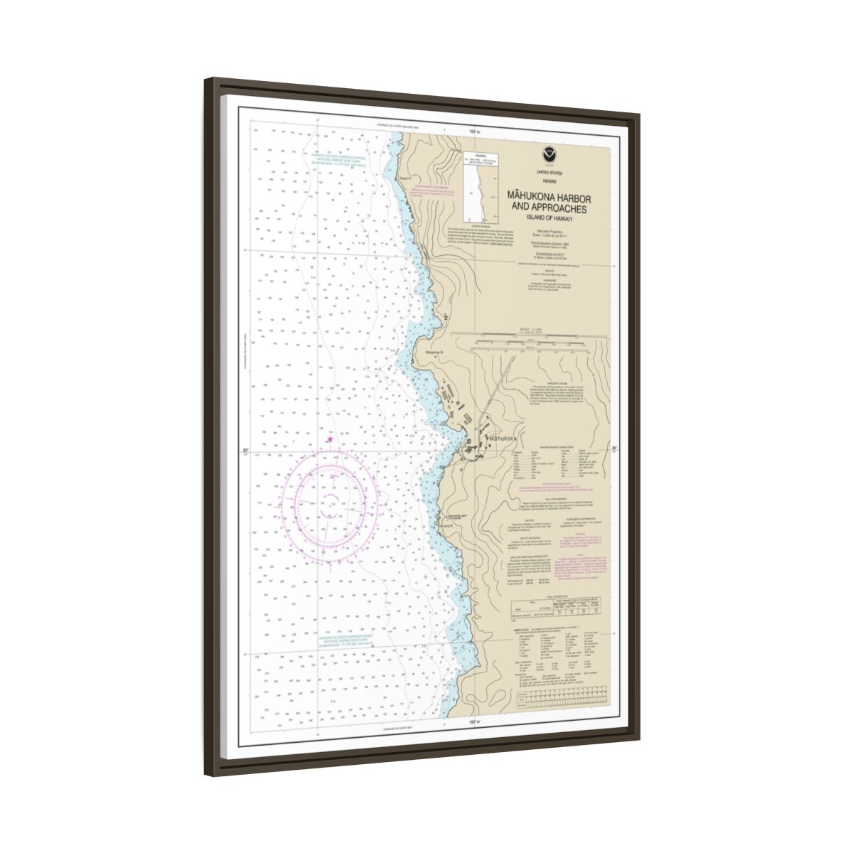 Chart 19329 Mahukona Harbor and approaches Island Of Hawaii - NOAA Nautical Chart Floating Frame Canvas | 24" x 32" | 30" x 40" - Espresso side