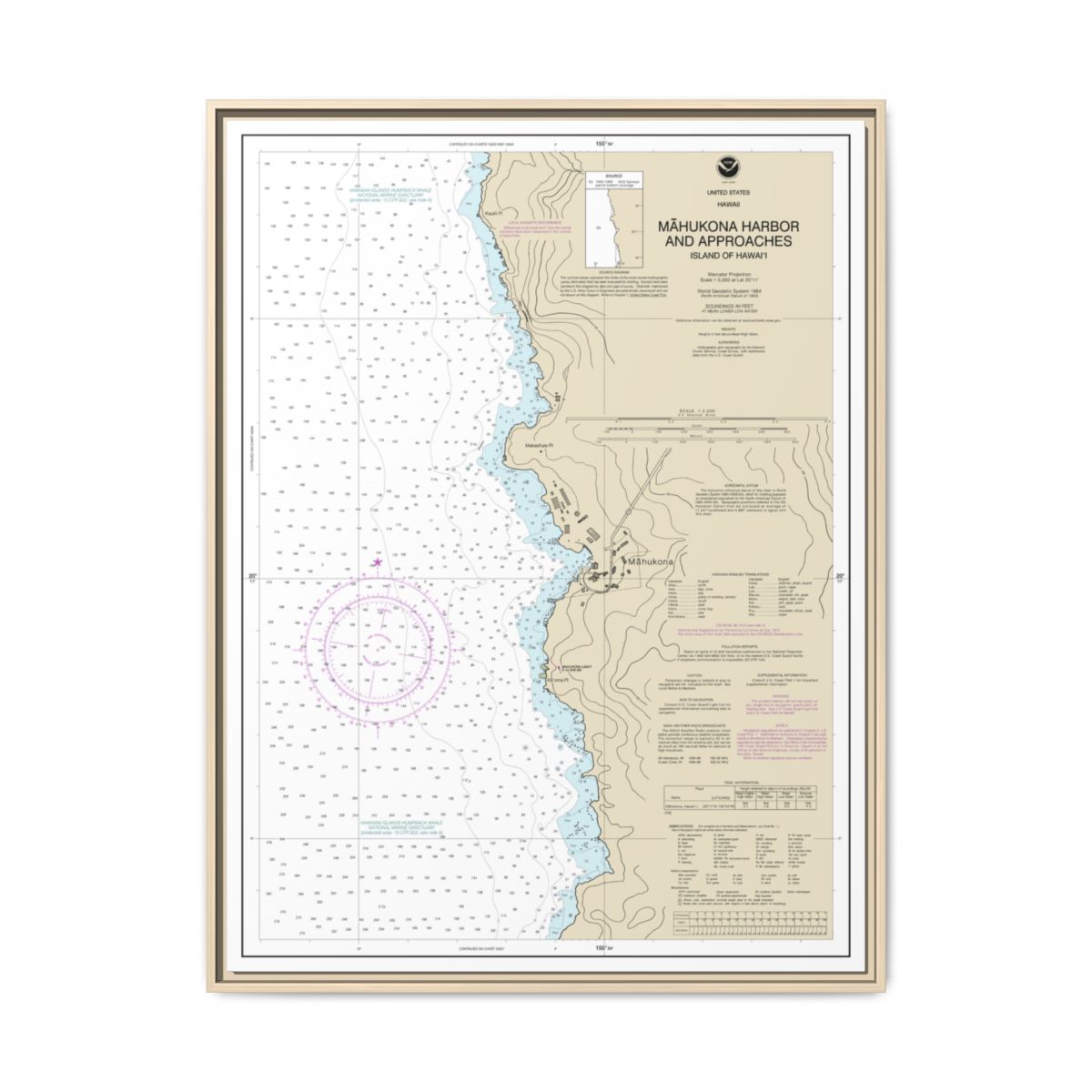 Chart 19329 Mahukona Harbor and approaches Island Of Hawaii - NOAA Nautical Chart Floating Frame Canvas | 24" x 32" | 30" x 40" - Natural front