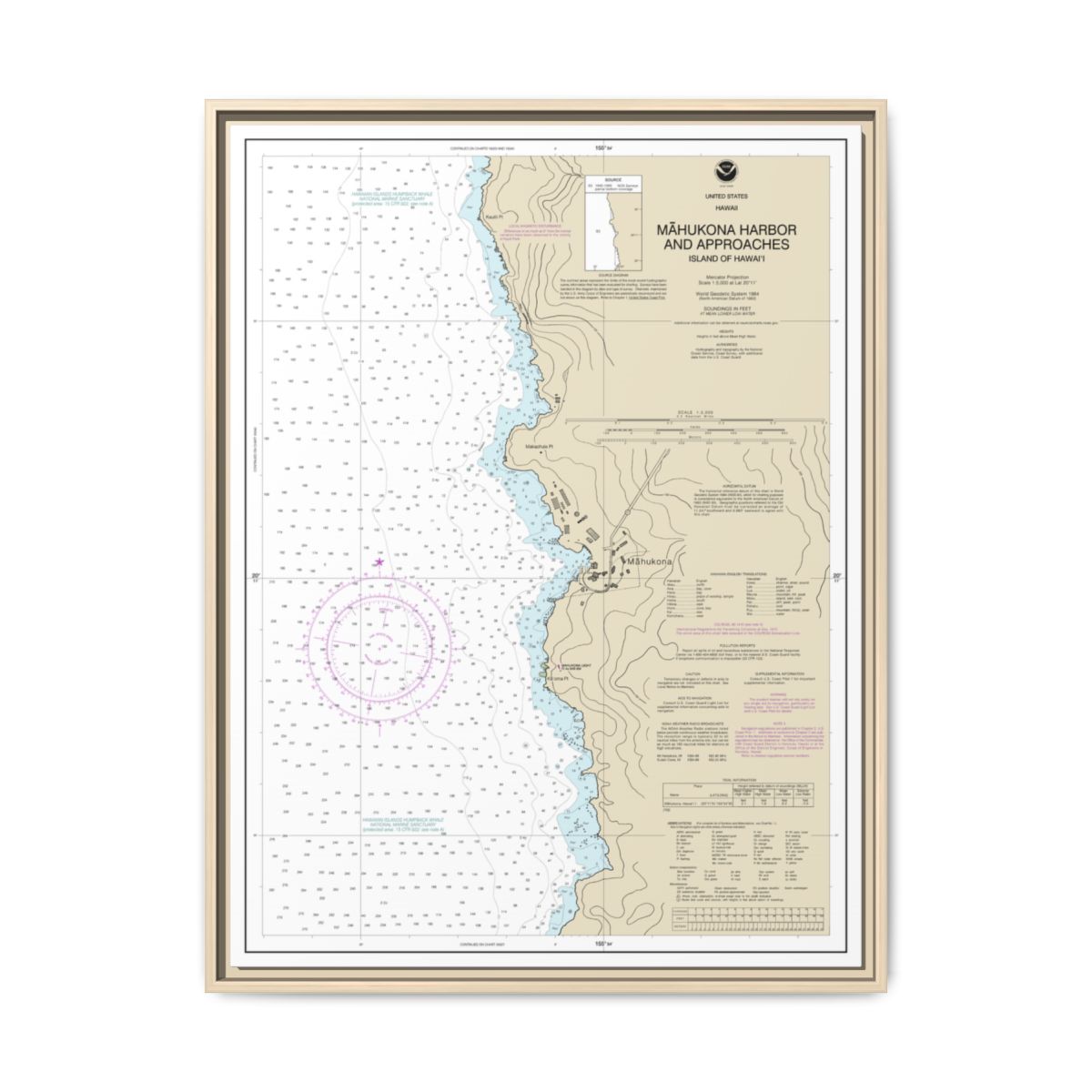 Chart 19329 Mahukona Harbor and approaches Island Of Hawaii - NOAA Nautical Chart Floating Frame Canvas | 24" x 32" | 30" x 40" - Natural front