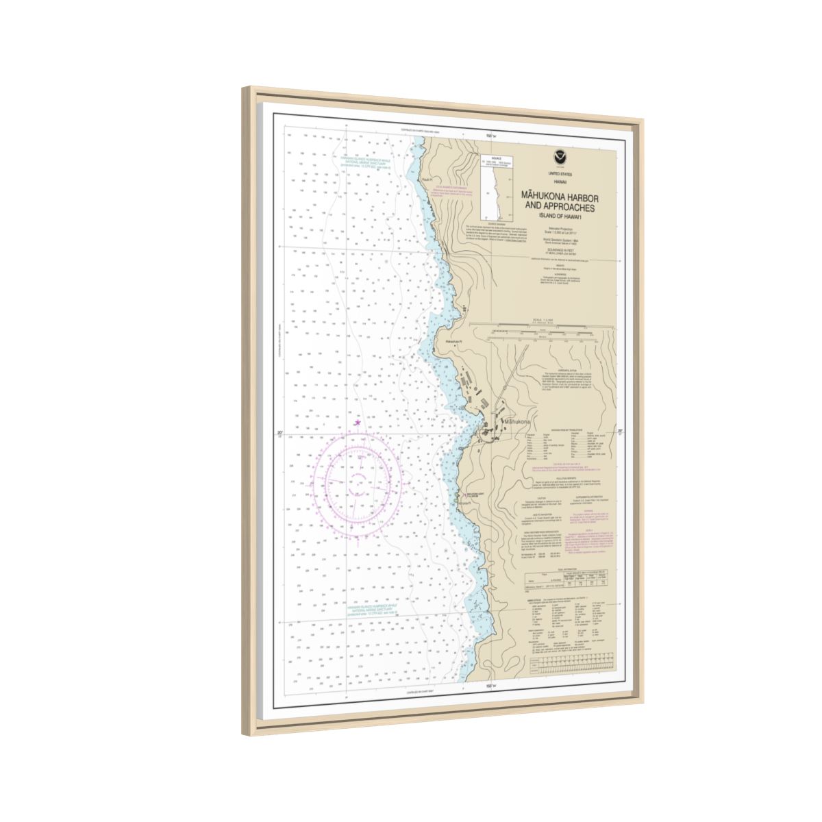 Chart 19329 Mahukona Harbor and approaches Island Of Hawaii - NOAA Nautical Chart Floating Frame Canvas | 24" x 32" | 30" x 40" - Natural side