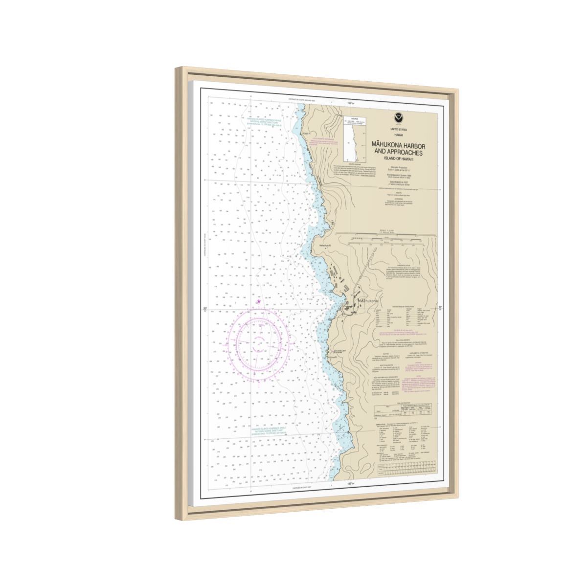 Chart 19329 Mahukona Harbor and approaches Island Of Hawaii - NOAA Nautical Chart Floating Frame Canvas | 24" x 32" | 30" x 40" - Natural side
