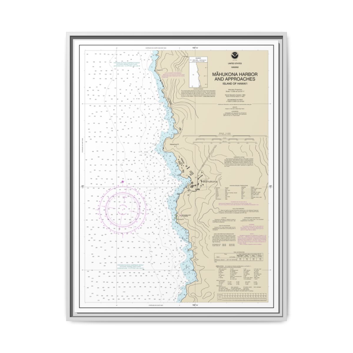 Chart 19329 Mahukona Harbor and approaches Island Of Hawaii - NOAA Nautical Chart Floating Frame Canvas | 24" x 32" | 30" x 40" - White front