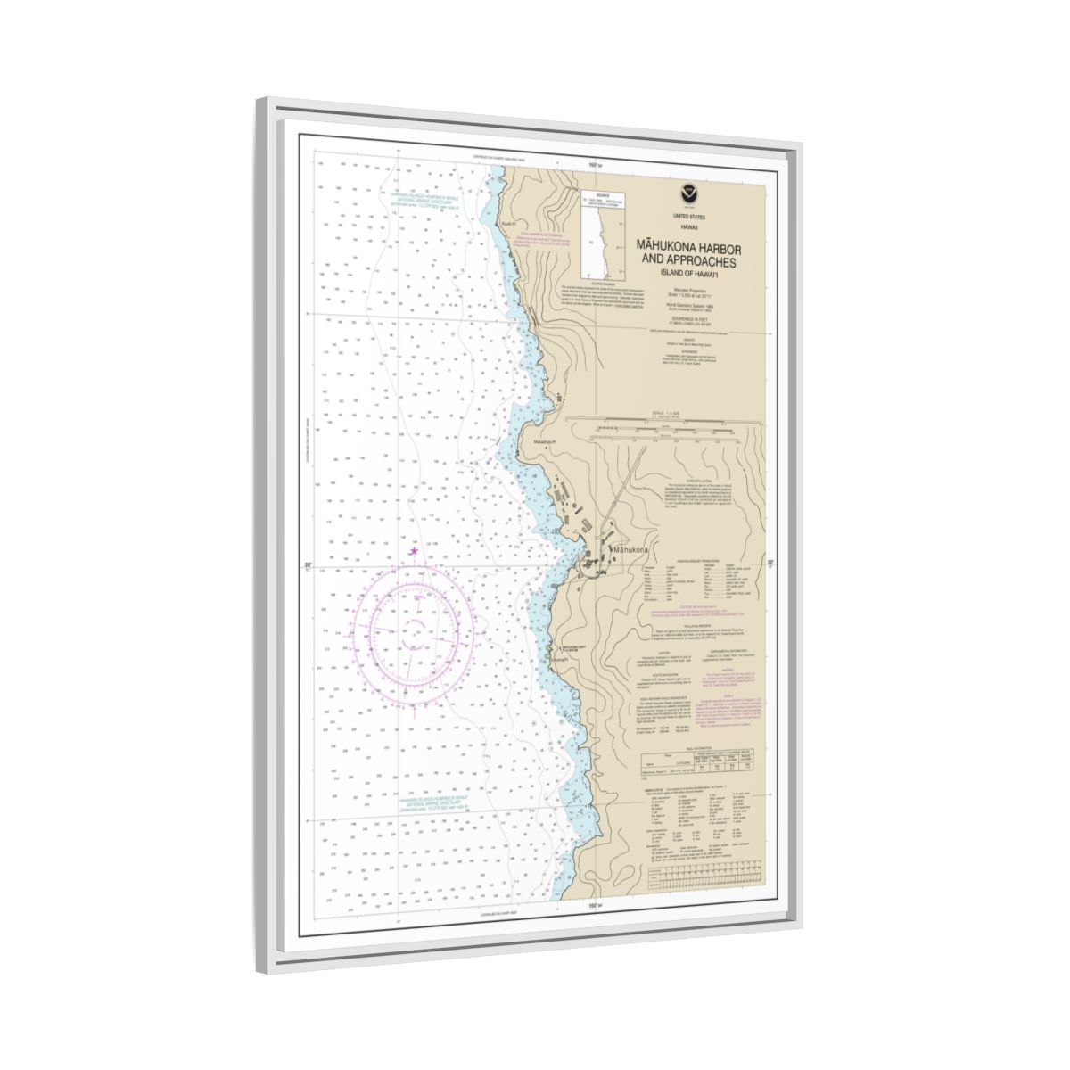 Chart 19329 Mahukona Harbor and approaches Island Of Hawaii - NOAA Nautical Chart Floating Frame Canvas | 24" x 32" | 30" x 40" - White side