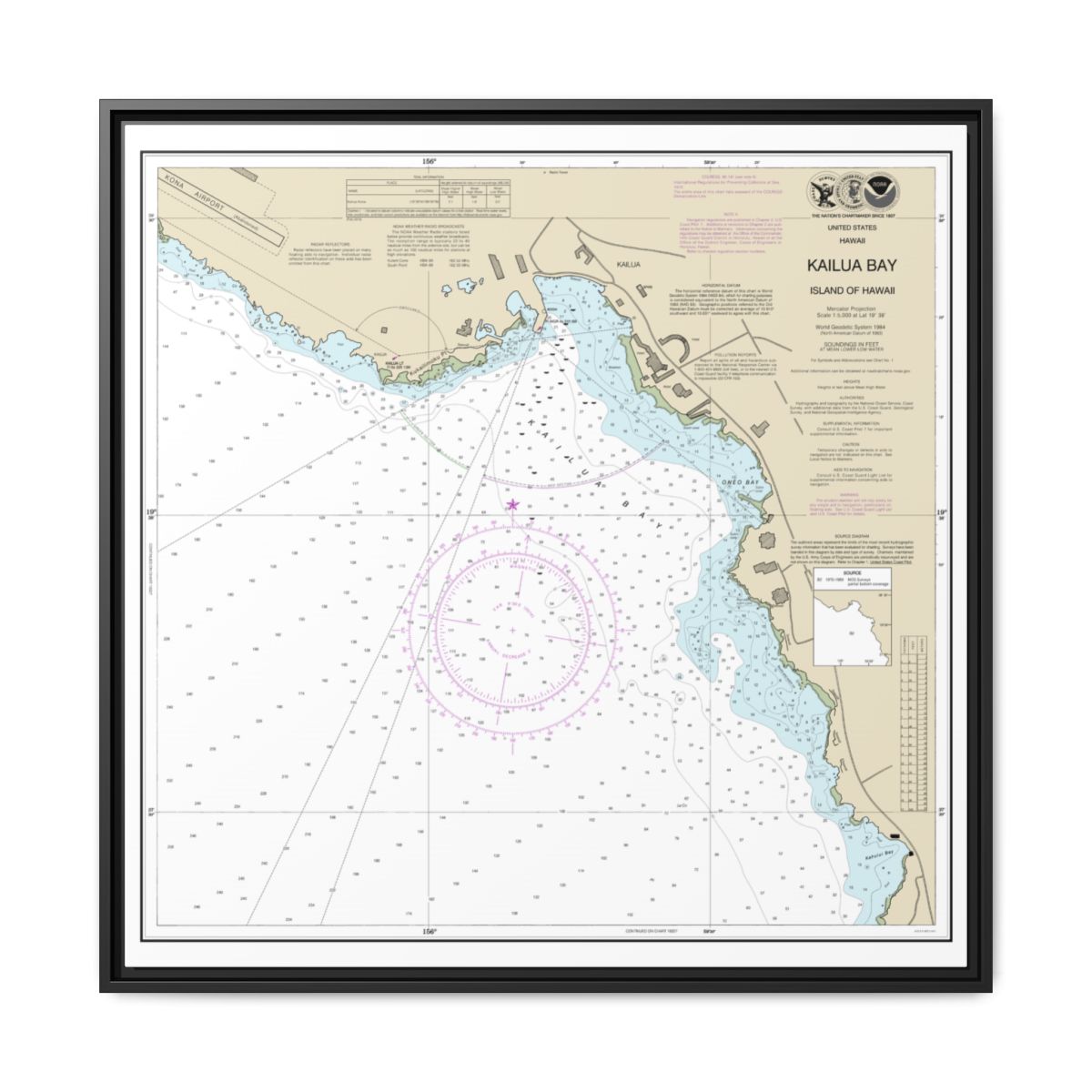 Chart 19331 Kailua Bay Island Of Hawaii - NOAA Nautical Chart Floating Frame Canvas | 32" x 32" - Black front
