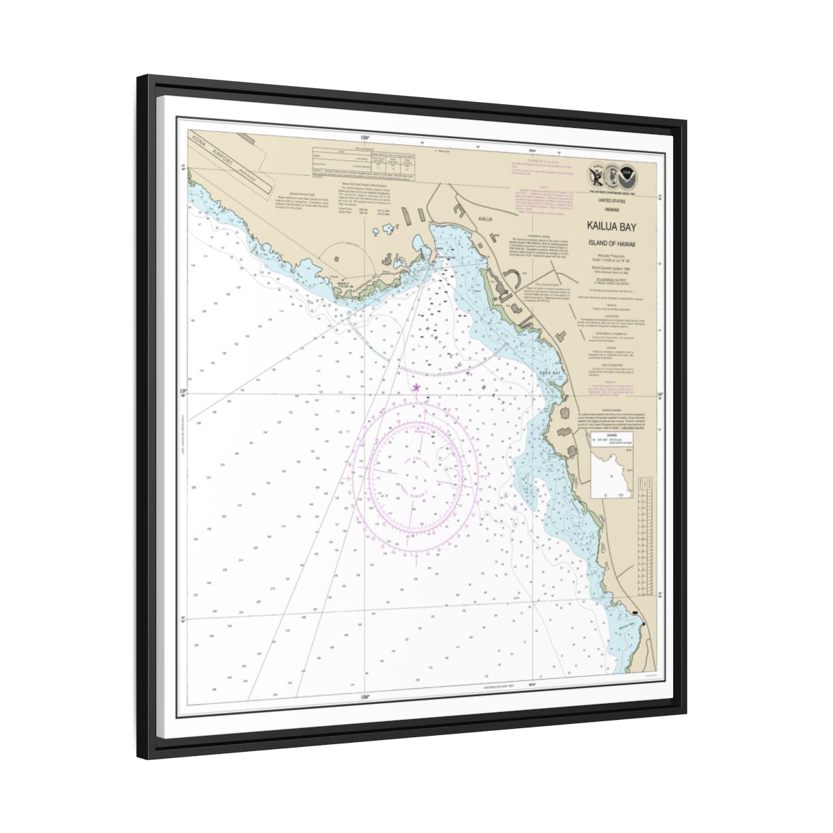Chart 19331 Kailua Bay Island Of Hawaii - NOAA Nautical Chart Floating Frame Canvas | 32" x 32" - Black side