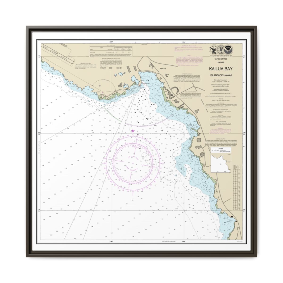 Chart 19331 Kailua Bay Island Of Hawaii - NOAA Nautical Chart Floating Frame Canvas | 32" x 32" - Espresso front