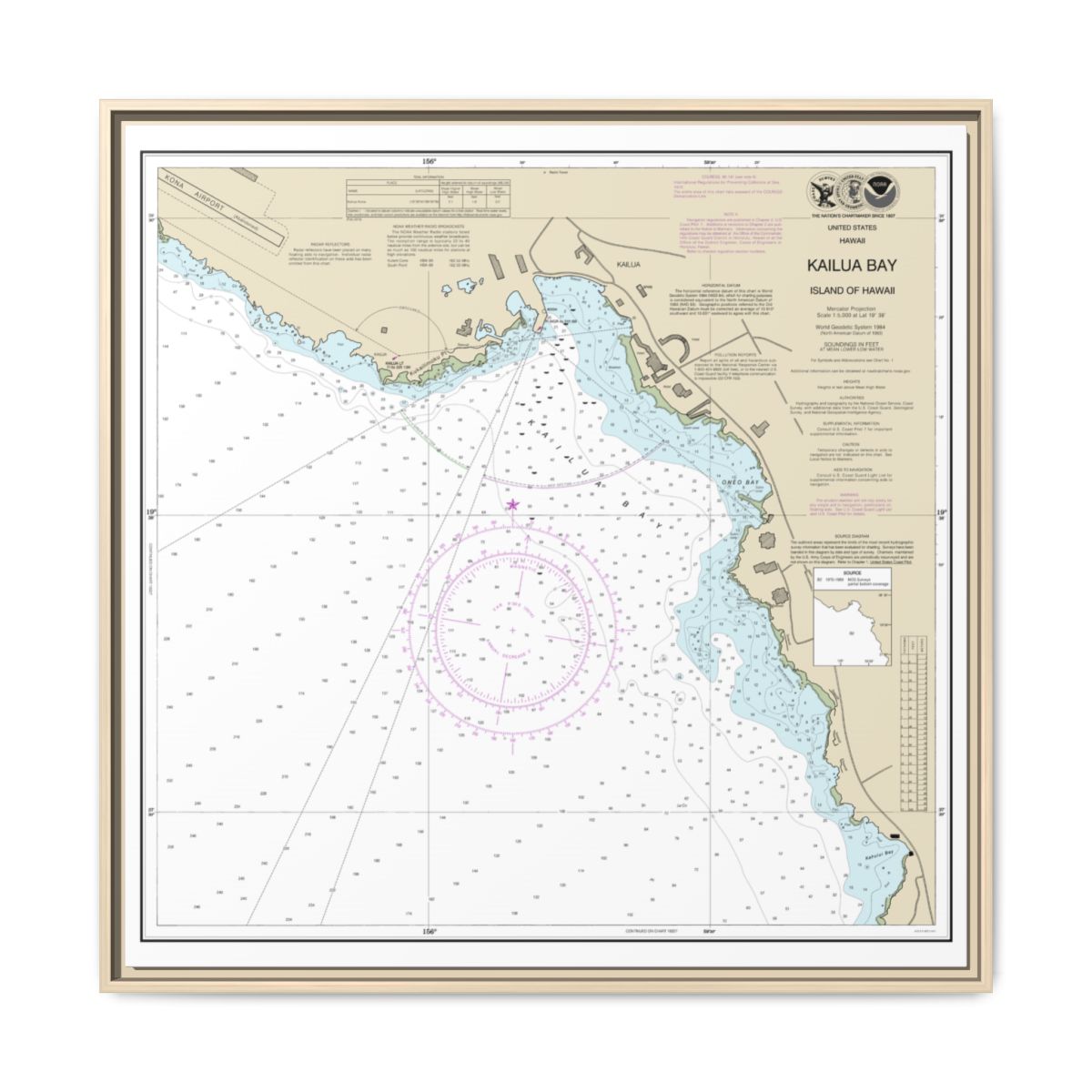 Chart 19331 Kailua Bay Island Of Hawaii - NOAA Nautical Chart Floating Frame Canvas | 32" x 32" - Natural front