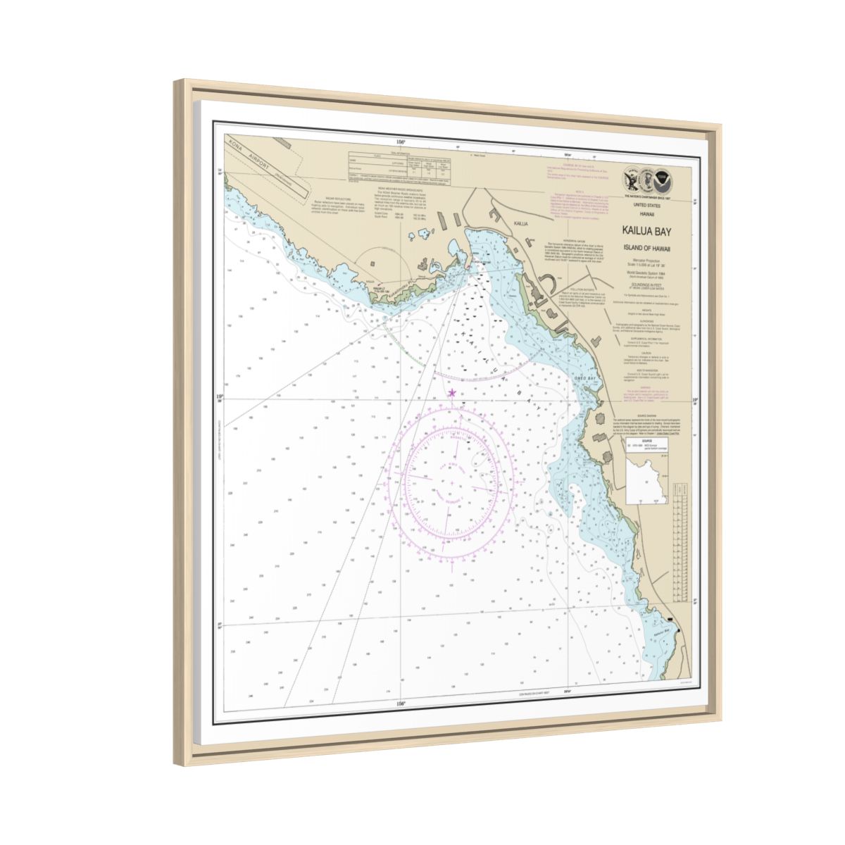 Chart 19331 Kailua Bay Island Of Hawaii - NOAA Nautical Chart Floating Frame Canvas | 32" x 32" - Natural side