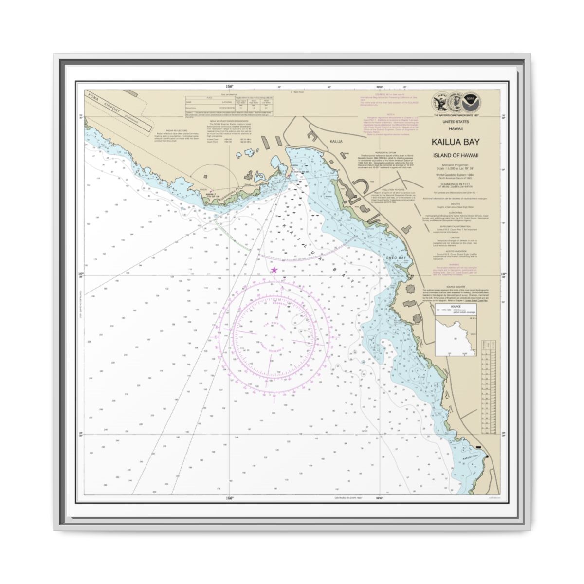 Chart 19331 Kailua Bay Island Of Hawaii - NOAA Nautical Chart Floating Frame Canvas | 32" x 32" - White front