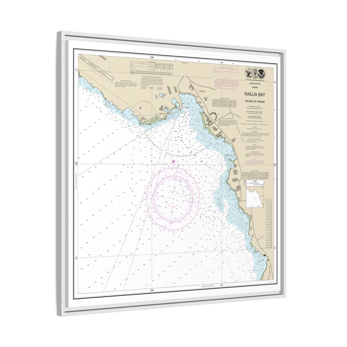 Chart 19331 Kailua Bay Island Of Hawaii - NOAA Nautical Chart Floating Frame Canvas | 32" x 32" - White side