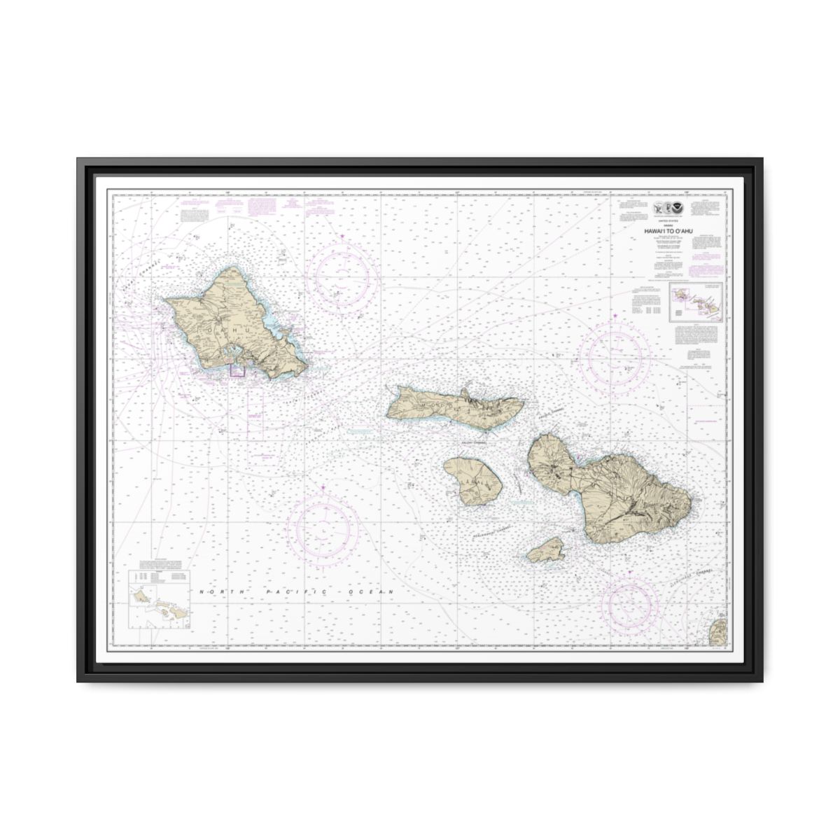 Chart 19340 Hawaii to Oahu - NOAA Nautical Chart Floating Frame Canvas | 32" x 24" | 40" x 30" - Black front