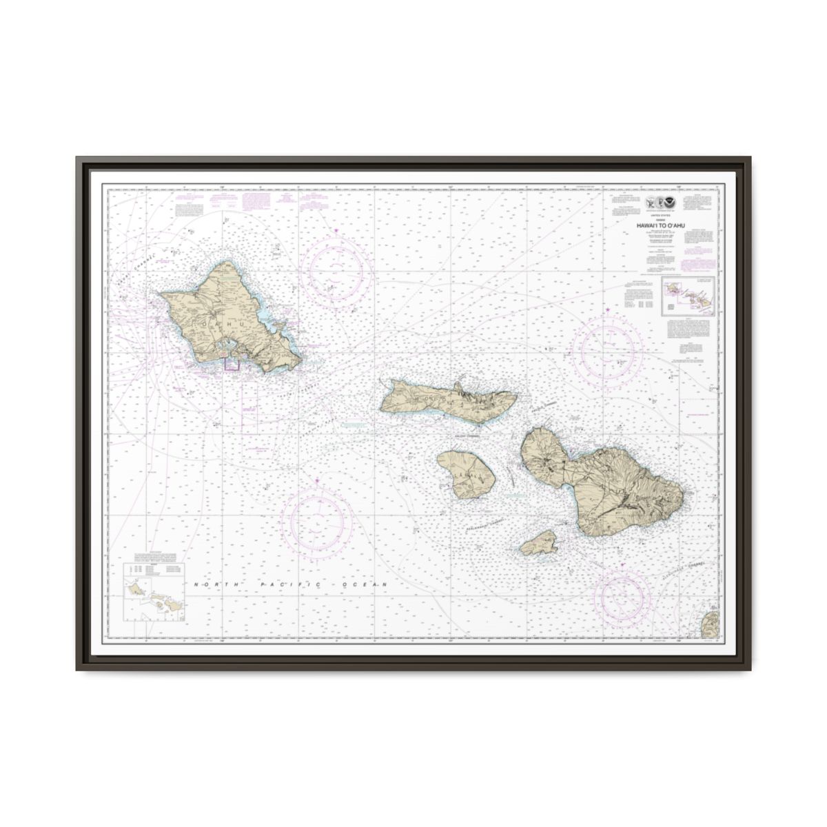 Chart 19340 Hawaii to Oahu - NOAA Nautical Chart Floating Frame Canvas | 32" x 24" | 40" x 30" - Espresso front