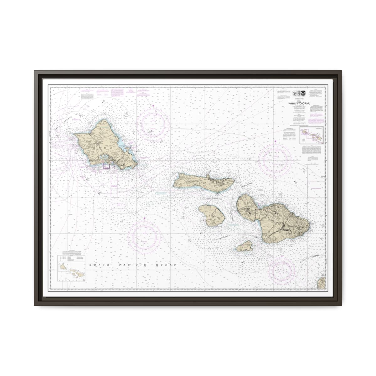 Chart 19340 Hawaii to Oahu - NOAA Nautical Chart Floating Frame Canvas | 32" x 24" | 40" x 30" - Espresso front
