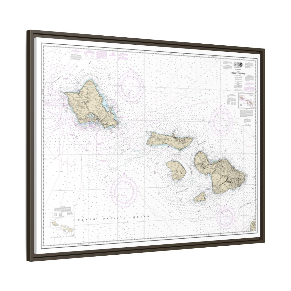 Chart 19340 Hawaii to Oahu - NOAA Nautical Chart Floating Frame Canvas | 32" x 24" | 40" x 30" - Espresso side