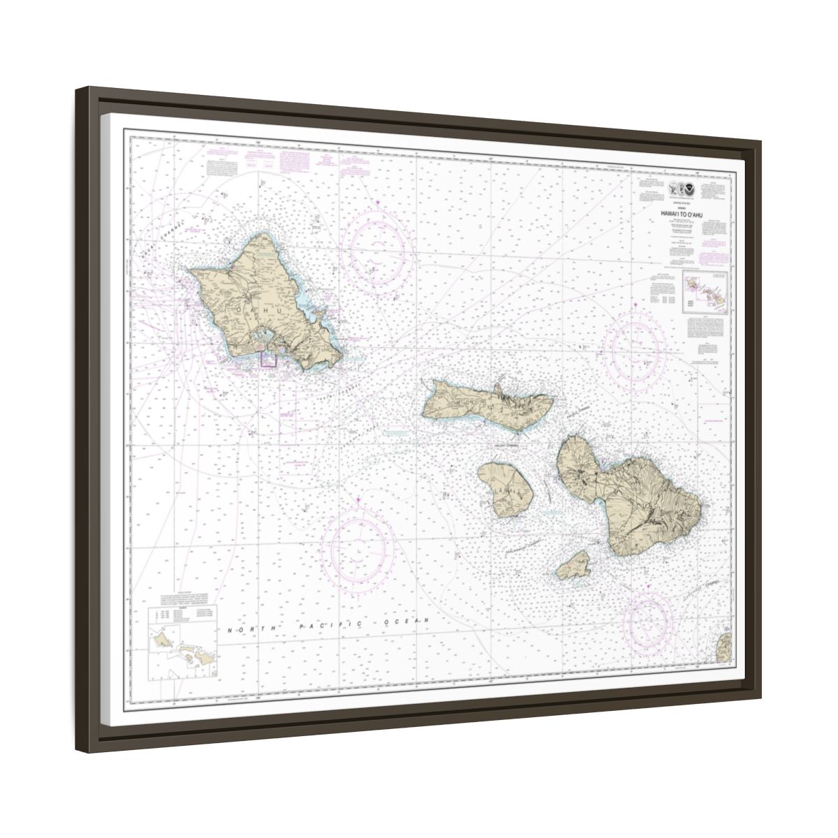 Chart 19340 Hawaii to Oahu - NOAA Nautical Chart Floating Frame Canvas | 32" x 24" | 40" x 30" - Espresso side