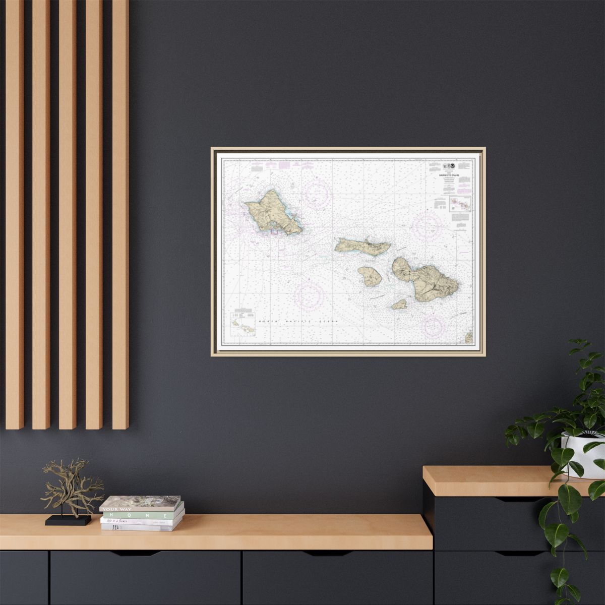 Chart 19340 Hawaii to Oahu - NOAA Nautical Chart Floating Frame Canvas | 32" x 24" | 40" x 30" - Natural context-2
